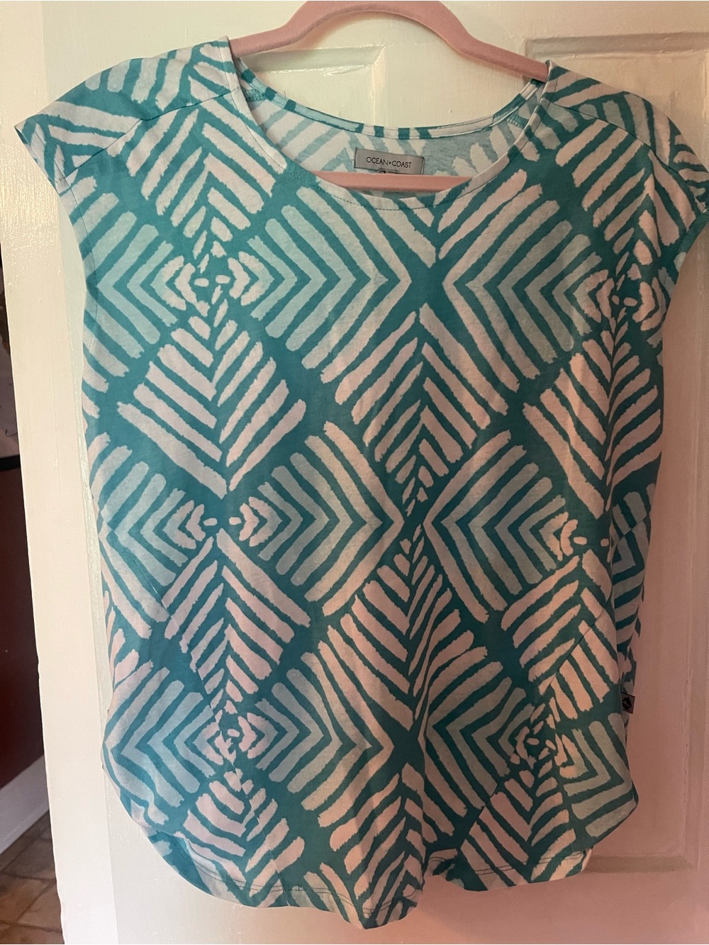 Ocean + Coast Teal Geometric Cap-Sleeve Blouse